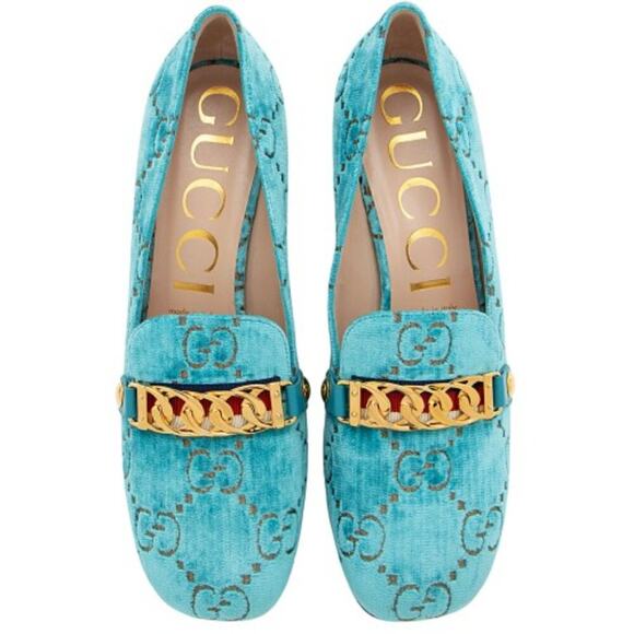 NEW! GUCCI Shoes Velvet Gg Sylvie Chain Detail Mid-Heel Square loafers 9… - Picture 16 of 16